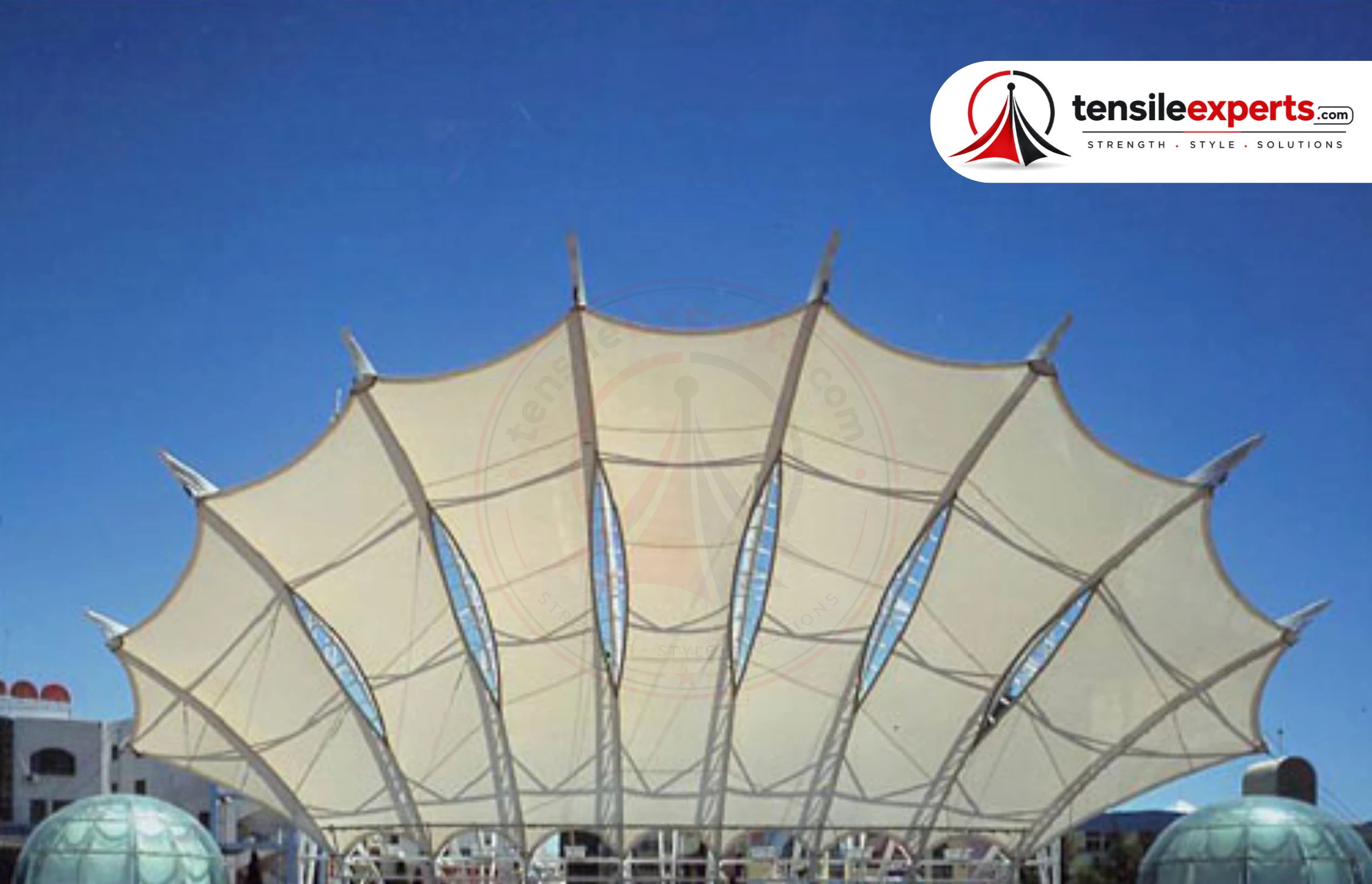 A multi-petal fan-shaped tensile auditorium roof over an institutional assembly space.