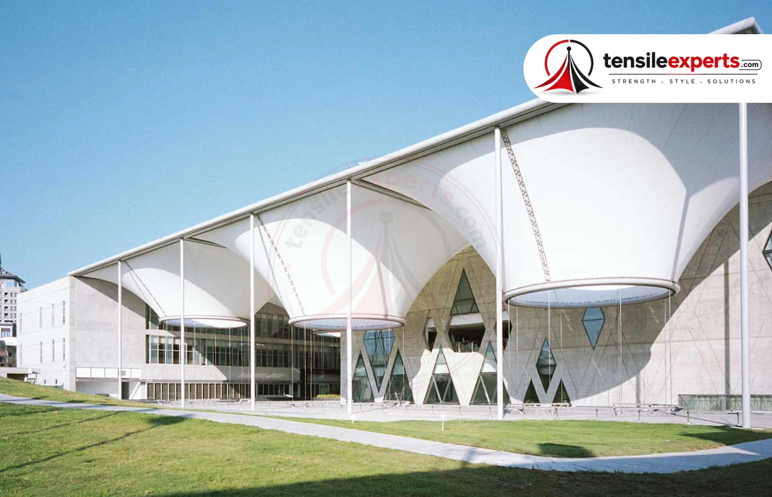 Modern tensile architecture — the kind of design-forward structure that fits a corporate campus or commercial development.
