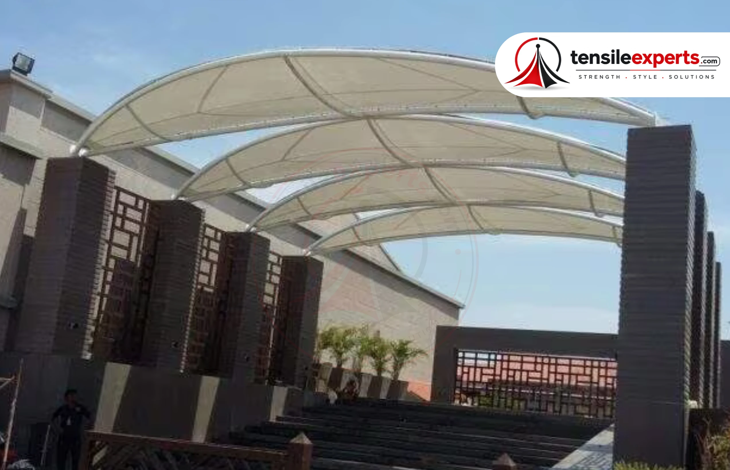 Tensile Experts project detail showing steel frame and site-assembly reference