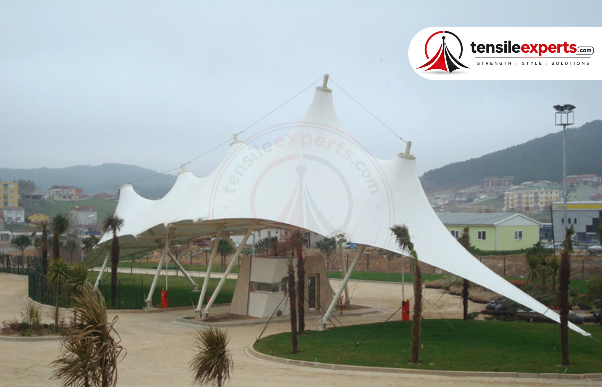 Tensile Experts project detail showing steel frame and site-assembly reference