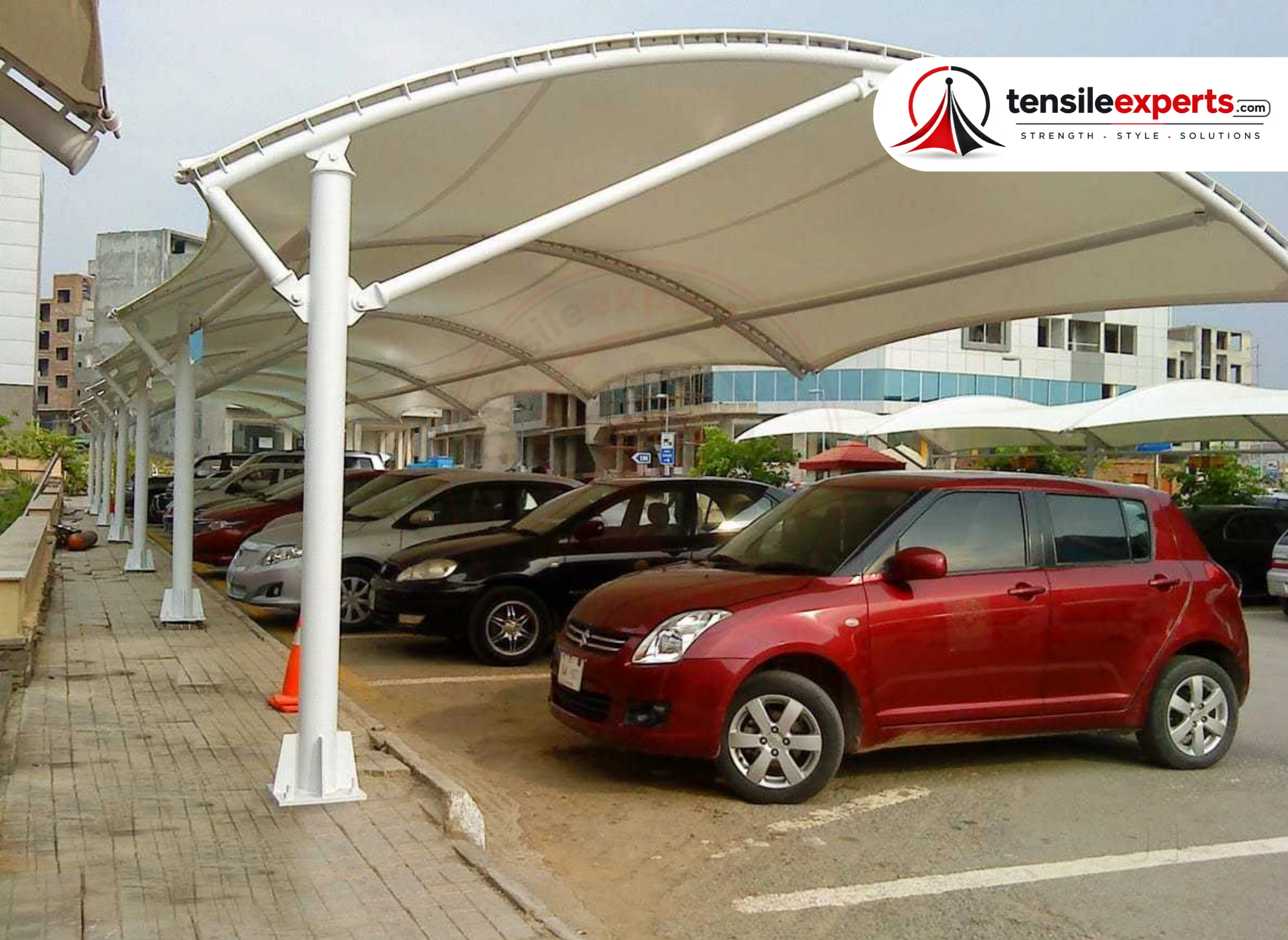 Tensile Experts project detail showing completed multi-bay parking reference