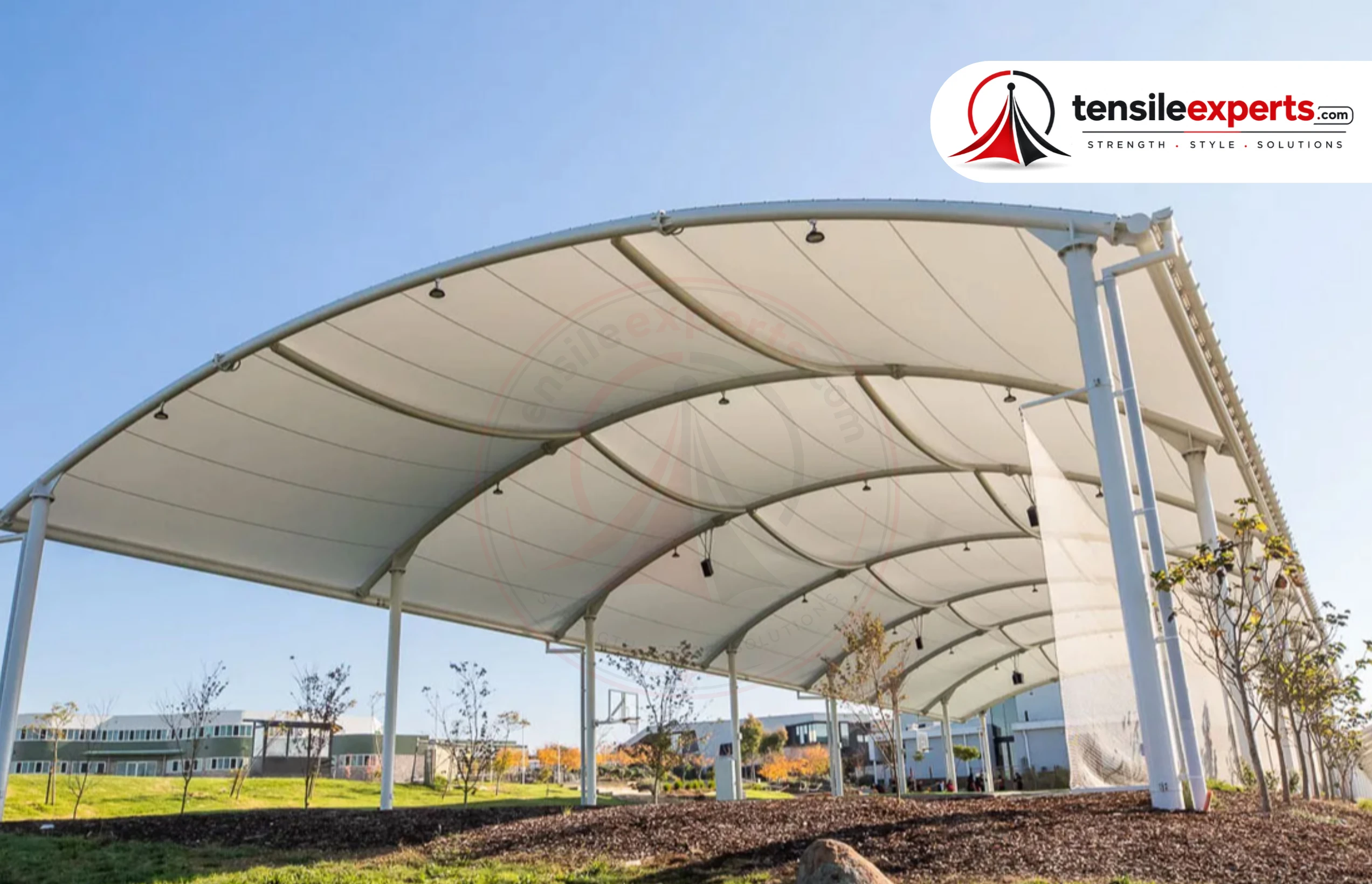 Close-up detail of tensile fabric and steel frame