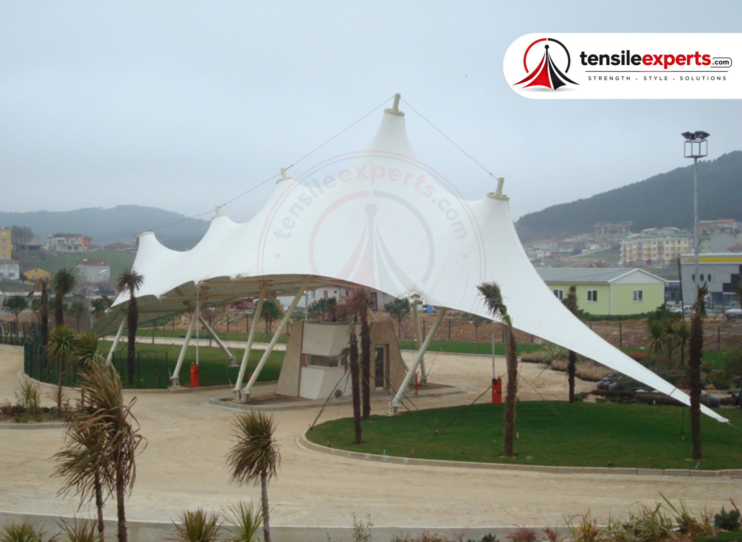 Tensile Experts project detail showing open-sided shade-structure reference