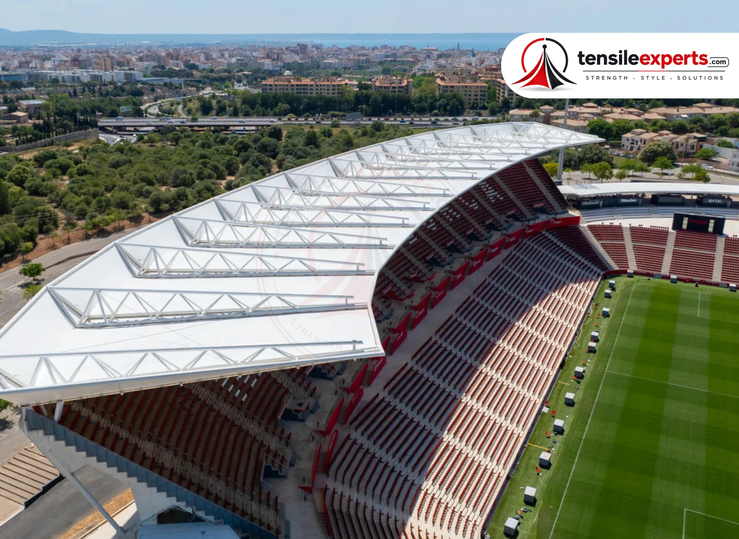 Aerial view of a sports ground tensile canopy